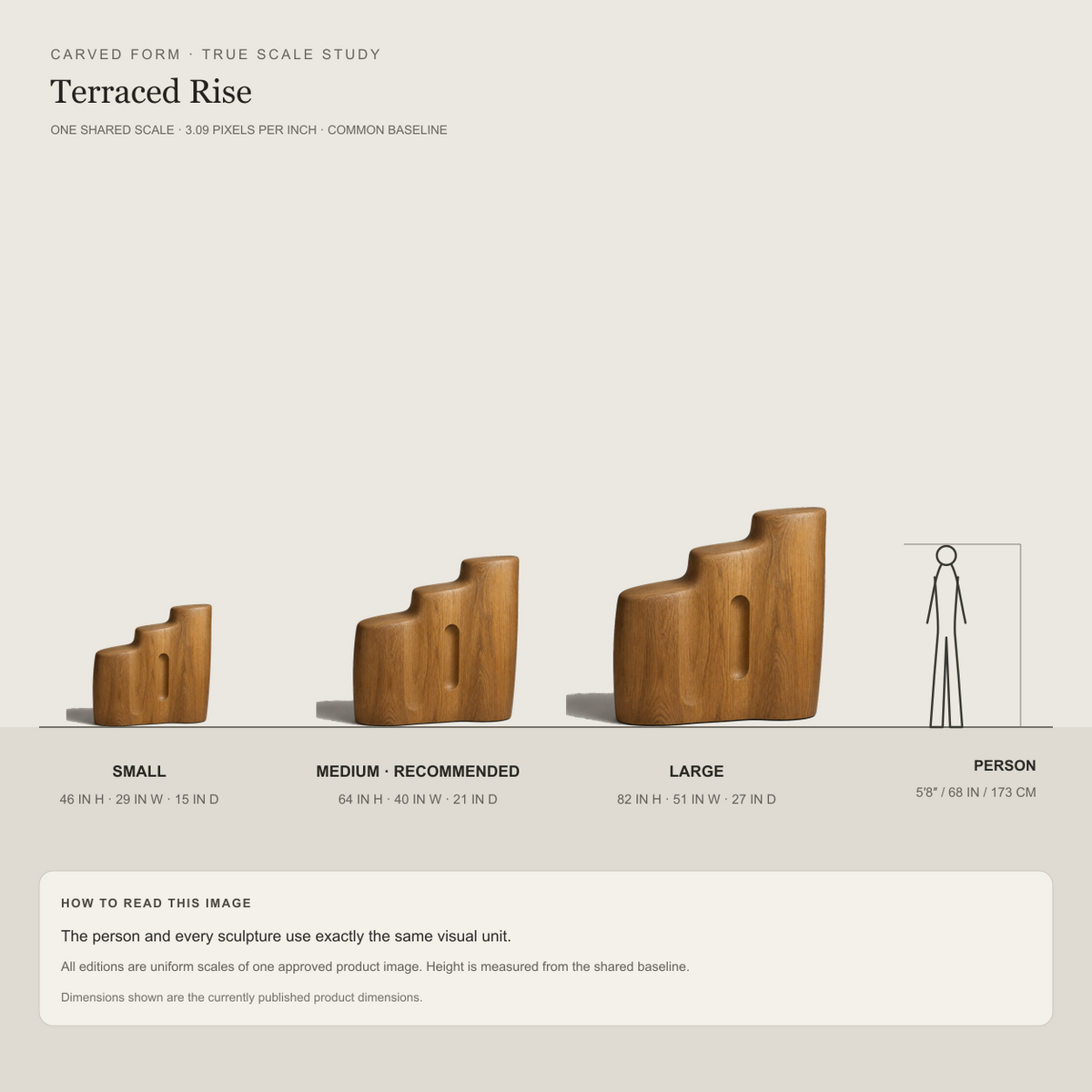 Terraced Rise, teak wood floor sculpture — size and scale study