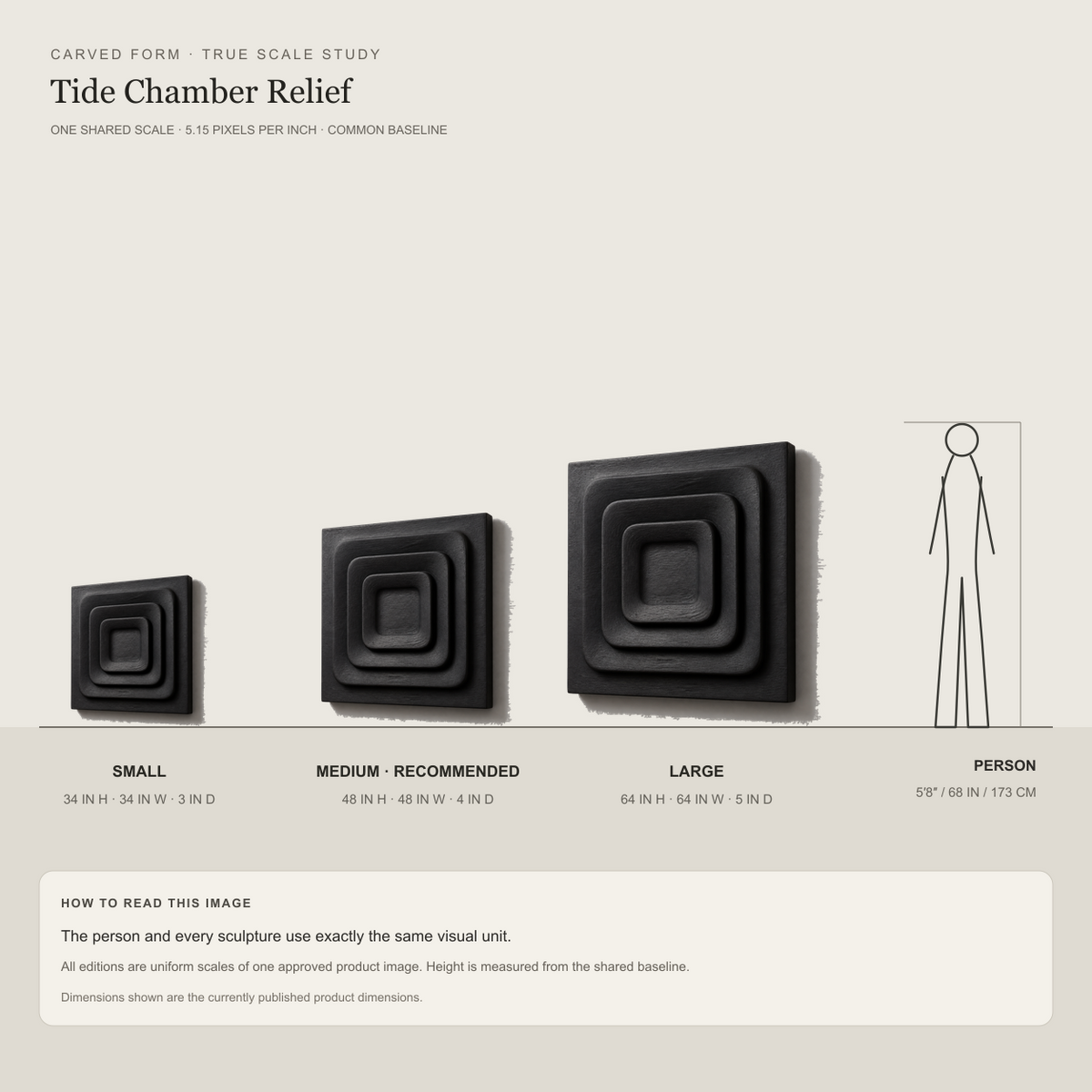 Tide Chamber Relief, carved teak wood wall art — size and scale study
