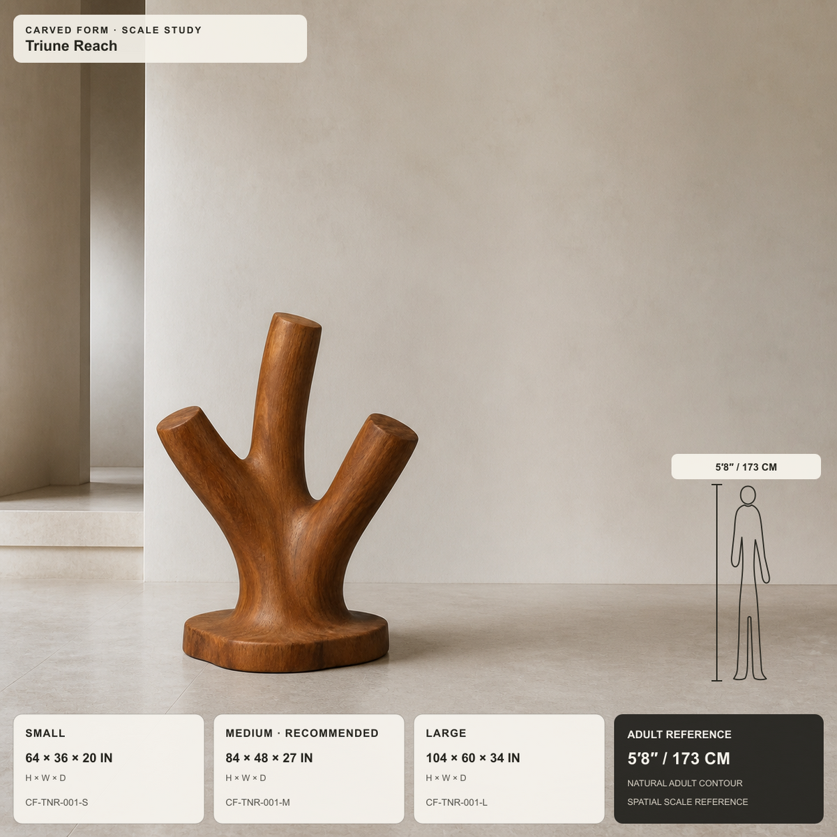 Triune Reach, teak wood floor sculpture — size and scale study