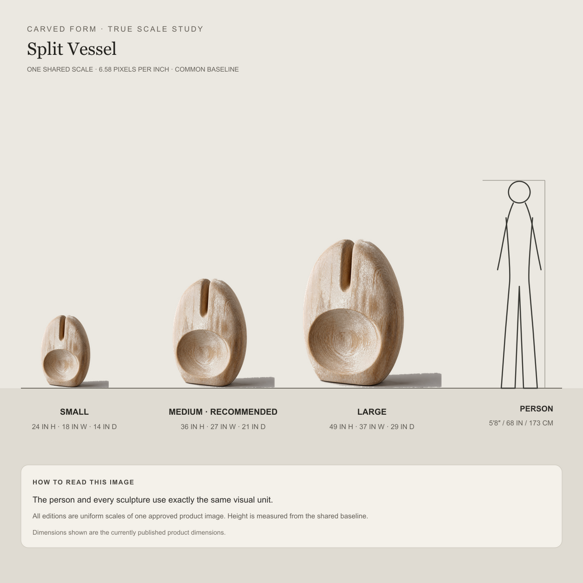 Split Vessel, abstract teak wood sculpture — size and scale study