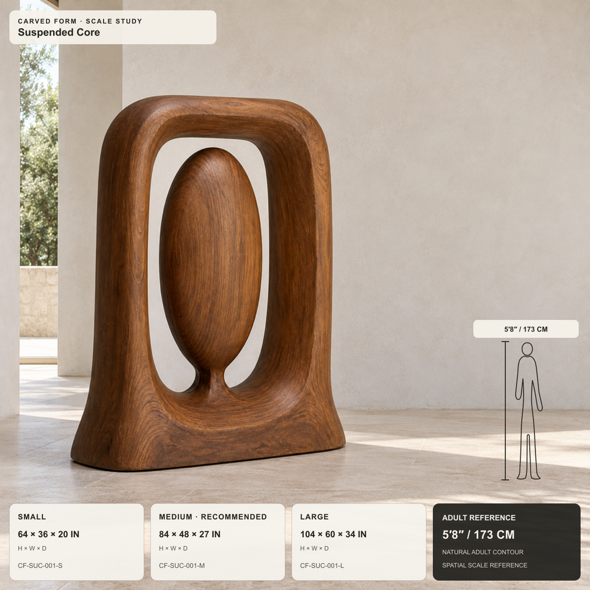 Suspended Core, teak wood floor sculpture — size and scale study