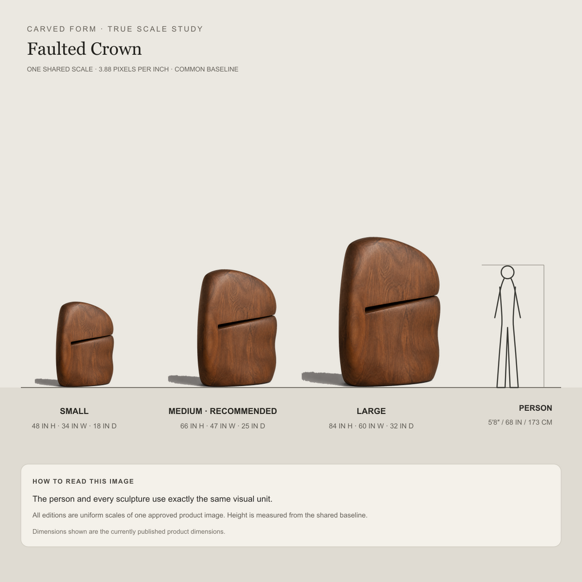 Faulted Crown, teak wood floor sculpture — size and scale study
