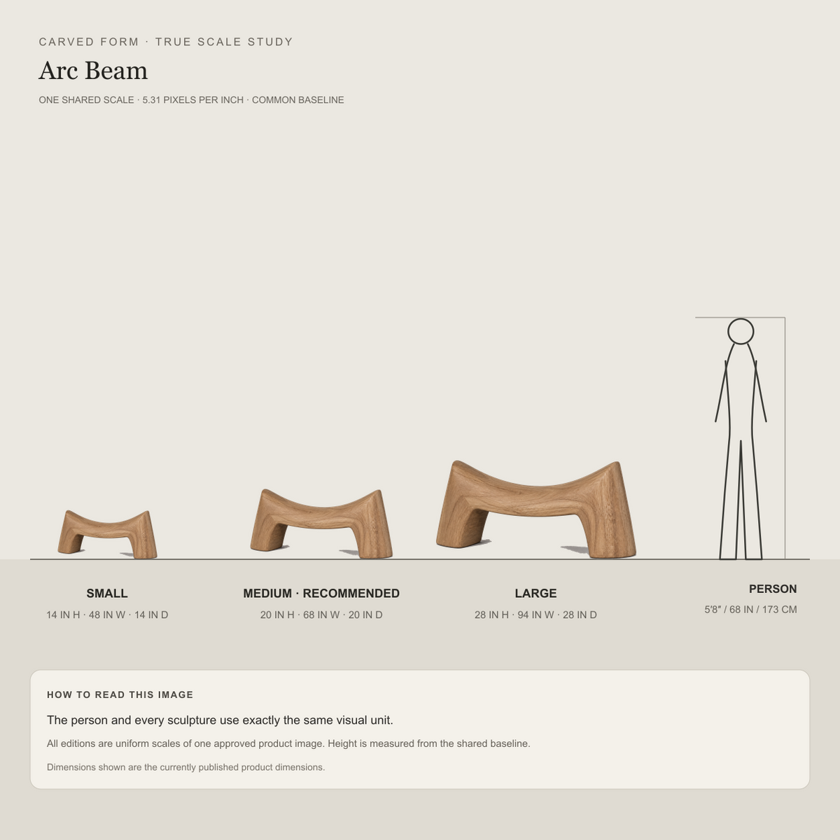 Arc Beam, teak wood console sculpture — size and scale study