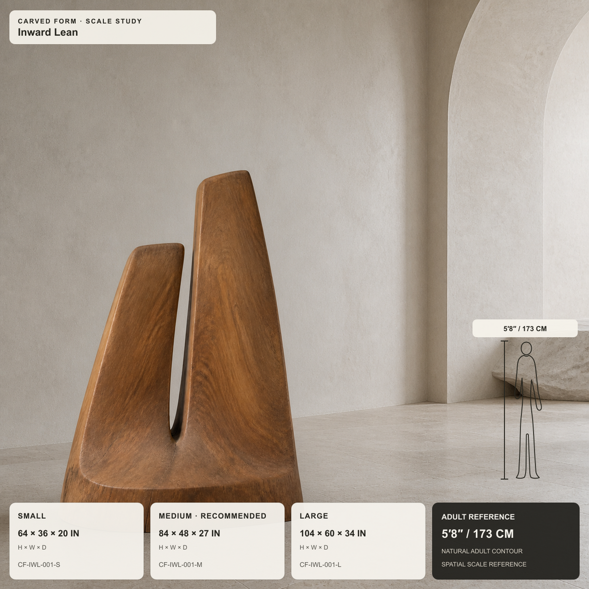 Inward Lean, teak wood floor sculpture — size and scale study