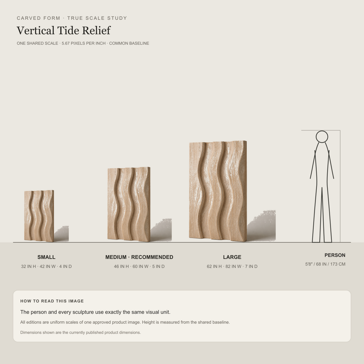 Vertical Tide Relief, carved teak wood wall art — size and scale study