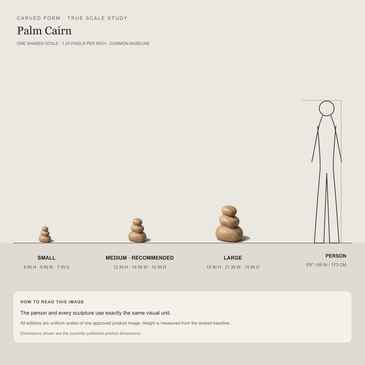 Palm Cairn, teak wood tabletop sculpture — size and scale study