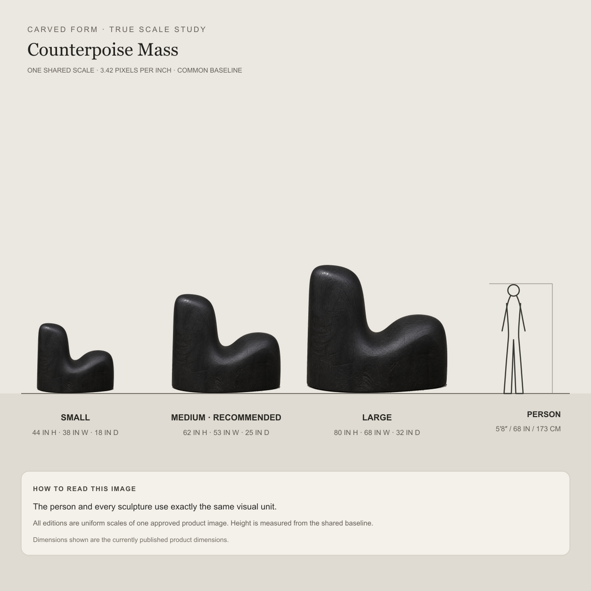 Counterpoise Mass, teak wood floor sculpture — size and scale study