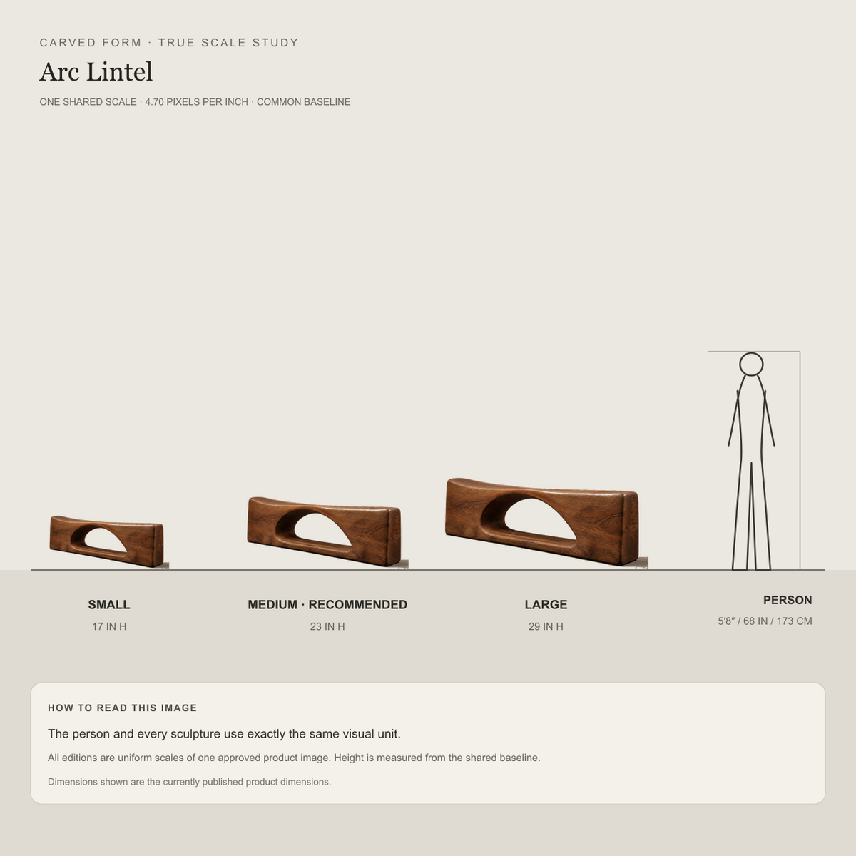 Arc Lintel, teak wood console sculpture — size and scale study