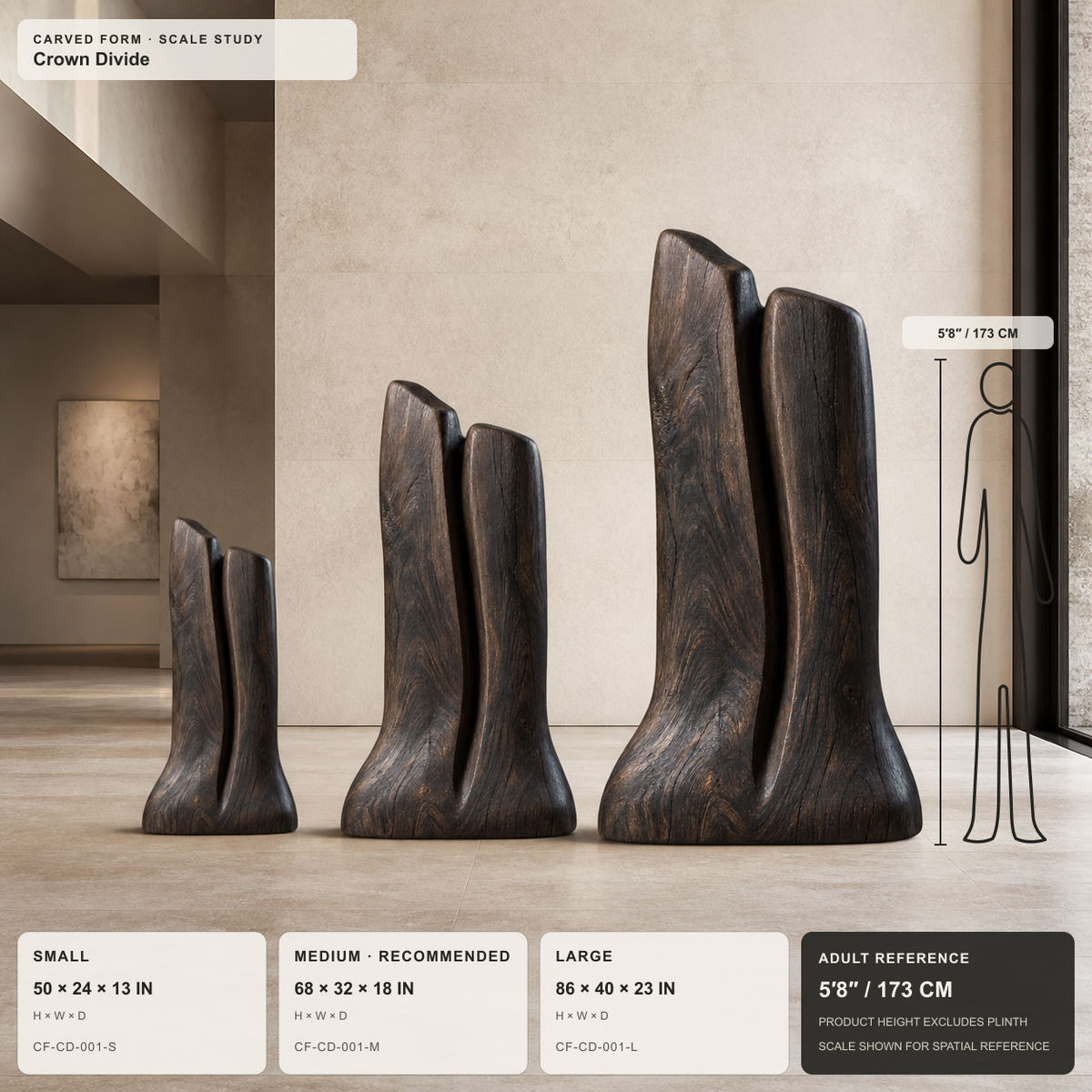Crown Divide, teak wood floor sculpture — size and scale study