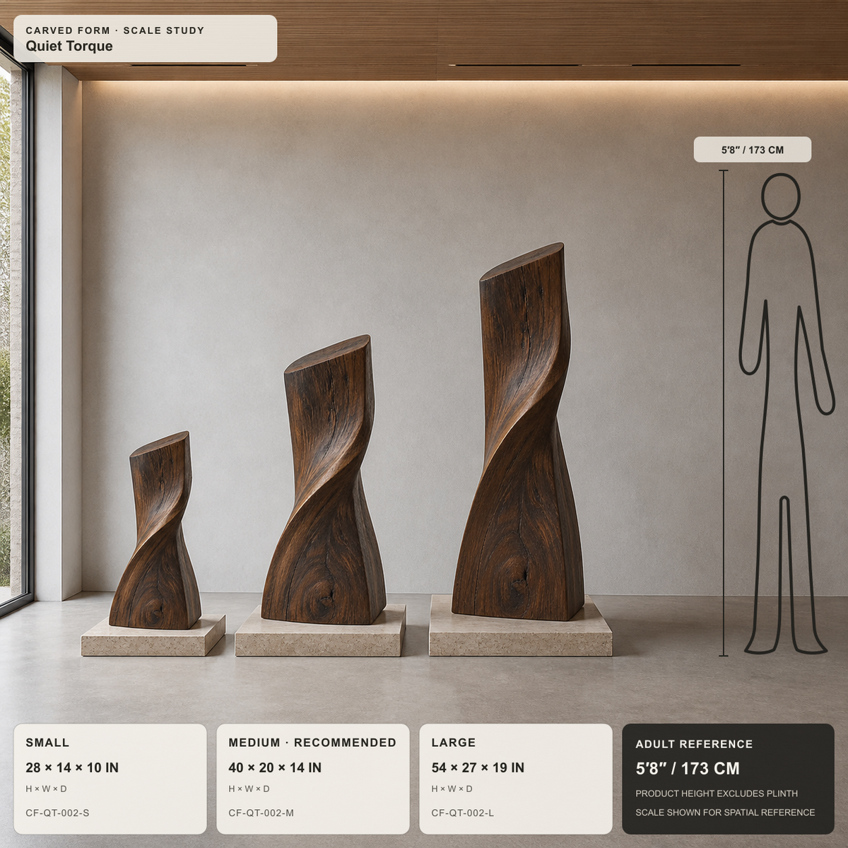 Quiet Torque, abstract teak wood sculpture — size and scale study