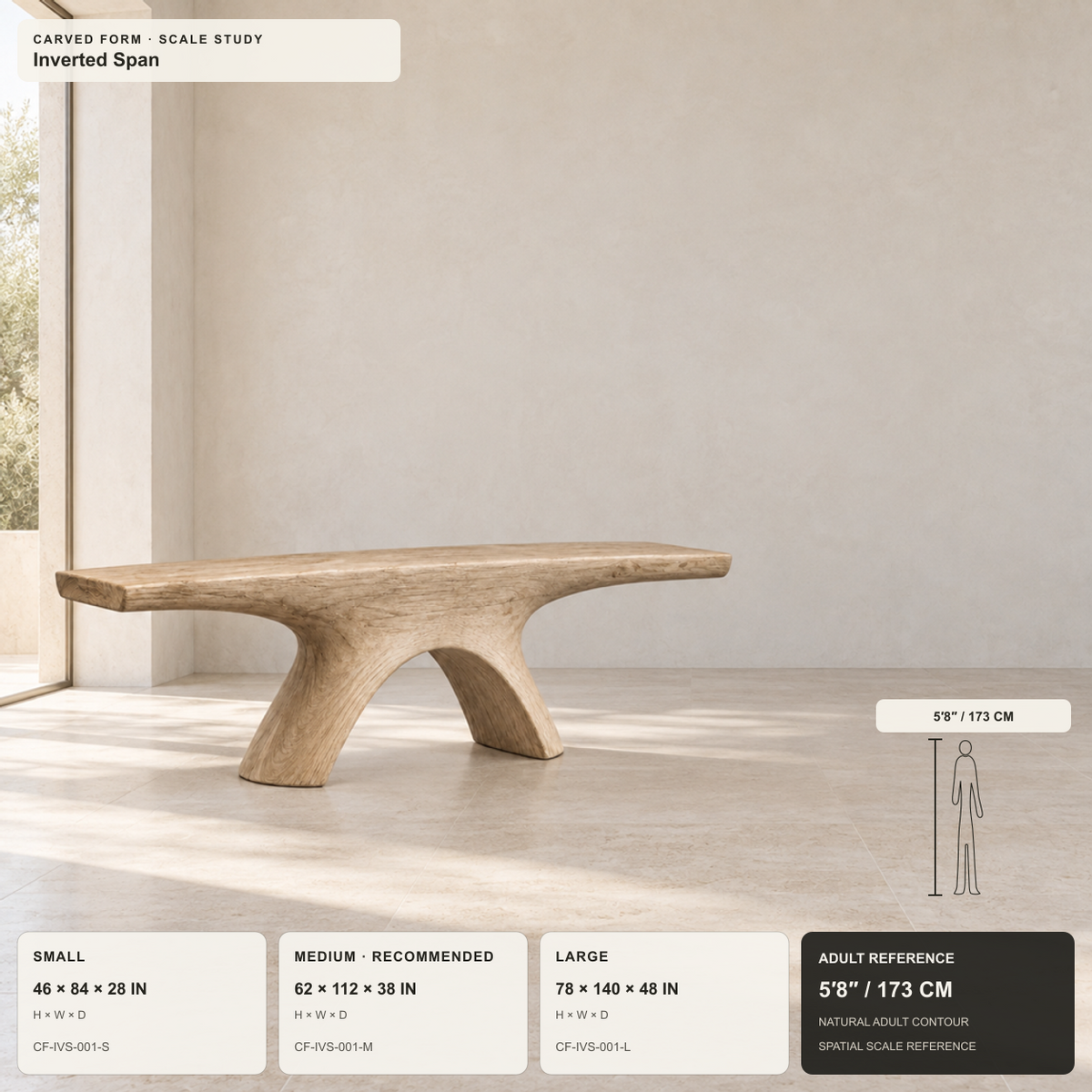 Inverted Span, teak wood floor sculpture — size and scale study