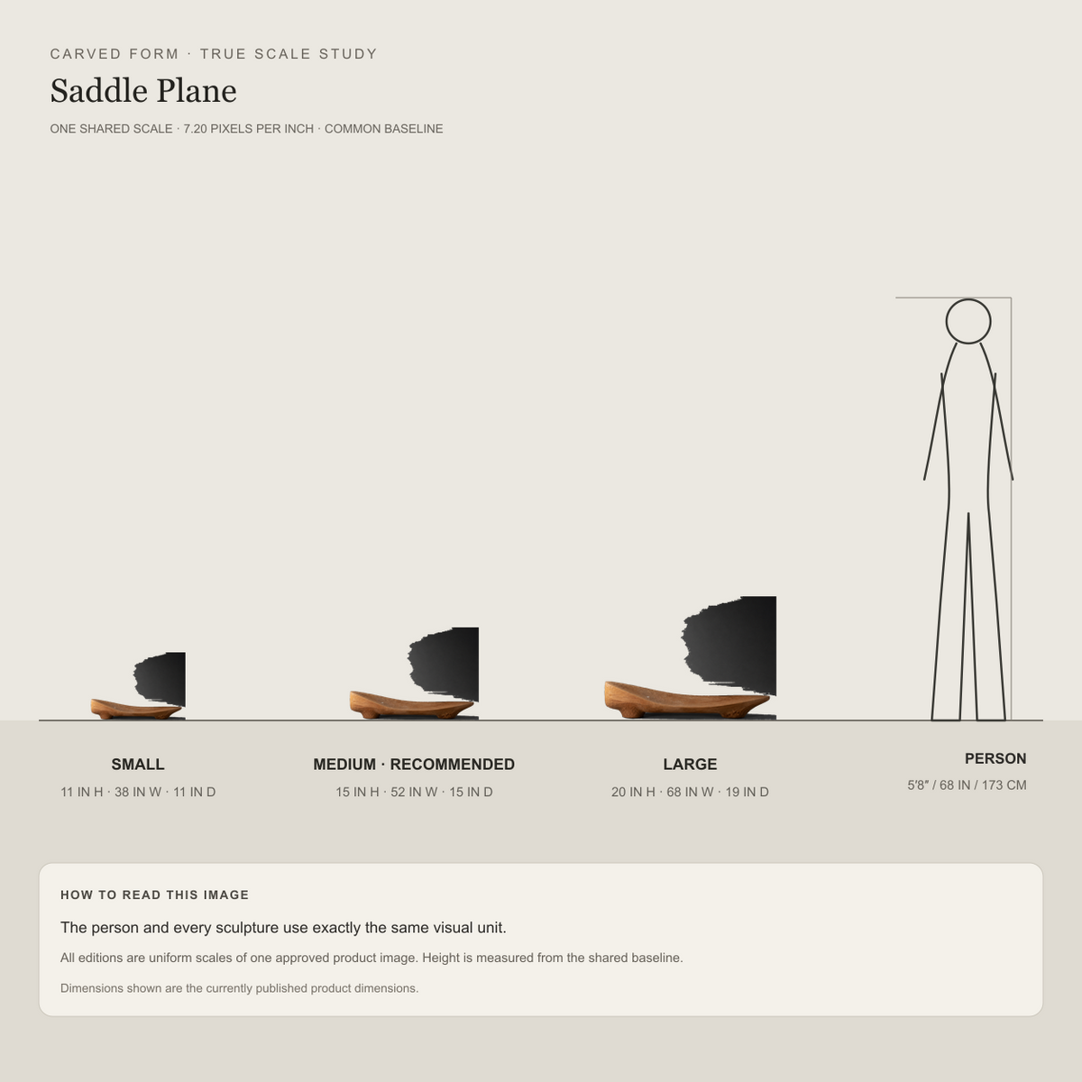 Saddle Plane, teak wood console sculpture — size and scale study