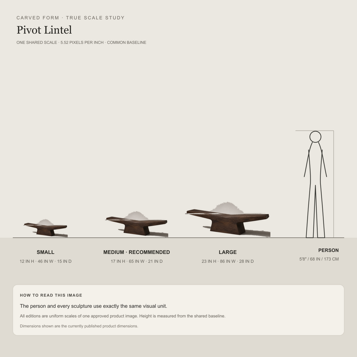 Pivot Lintel, teak wood console sculpture — size and scale study