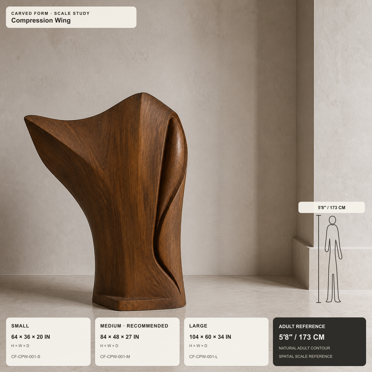 Compression Wing, teak wood floor sculpture — size and scale study