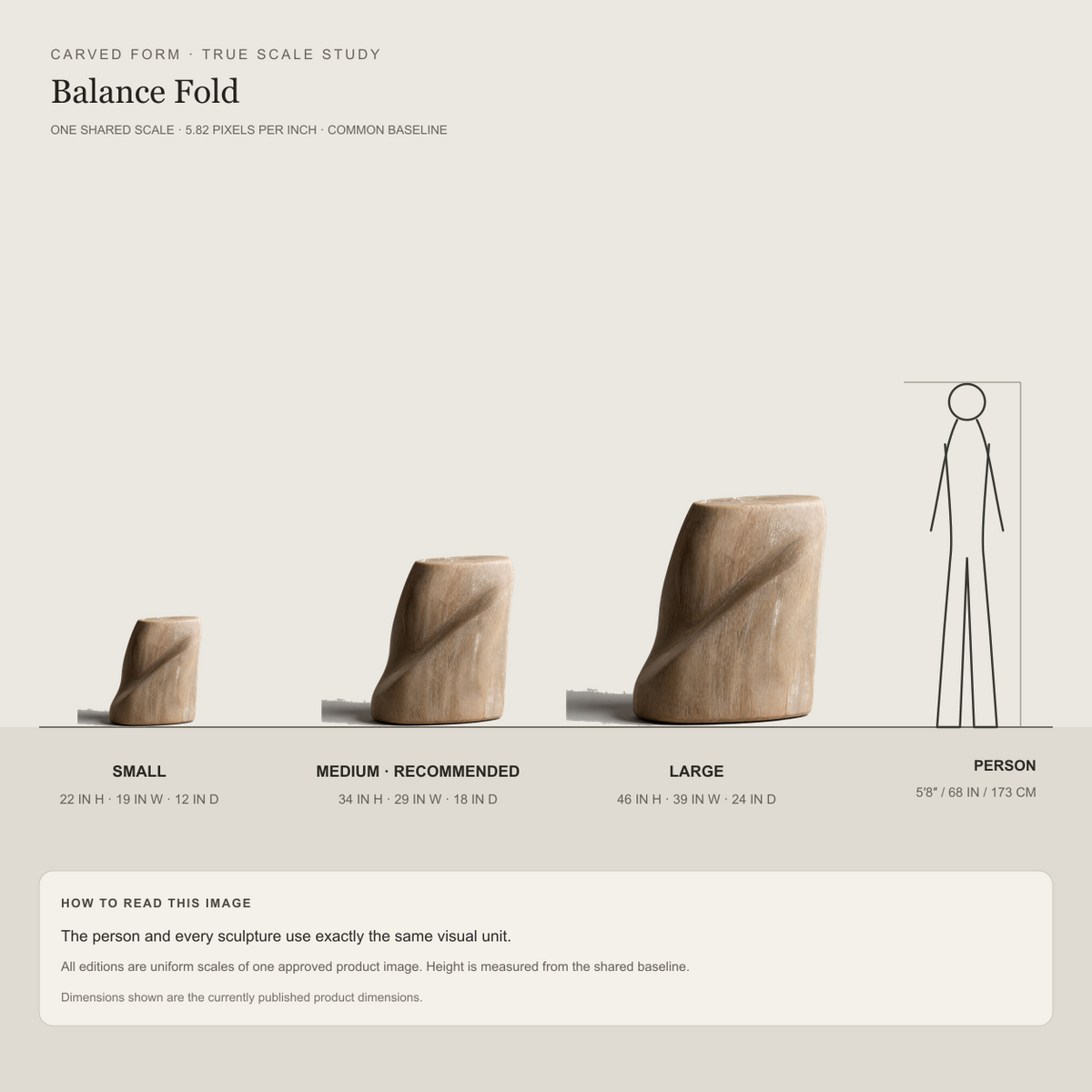 Balance Fold, abstract teak wood sculpture — size and scale study