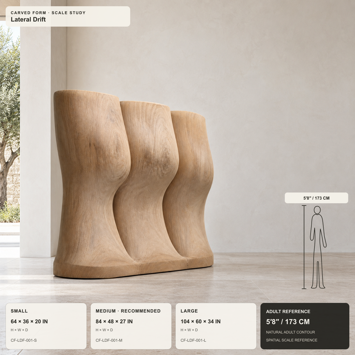 Lateral Drift, teak wood floor sculpture — size and scale study