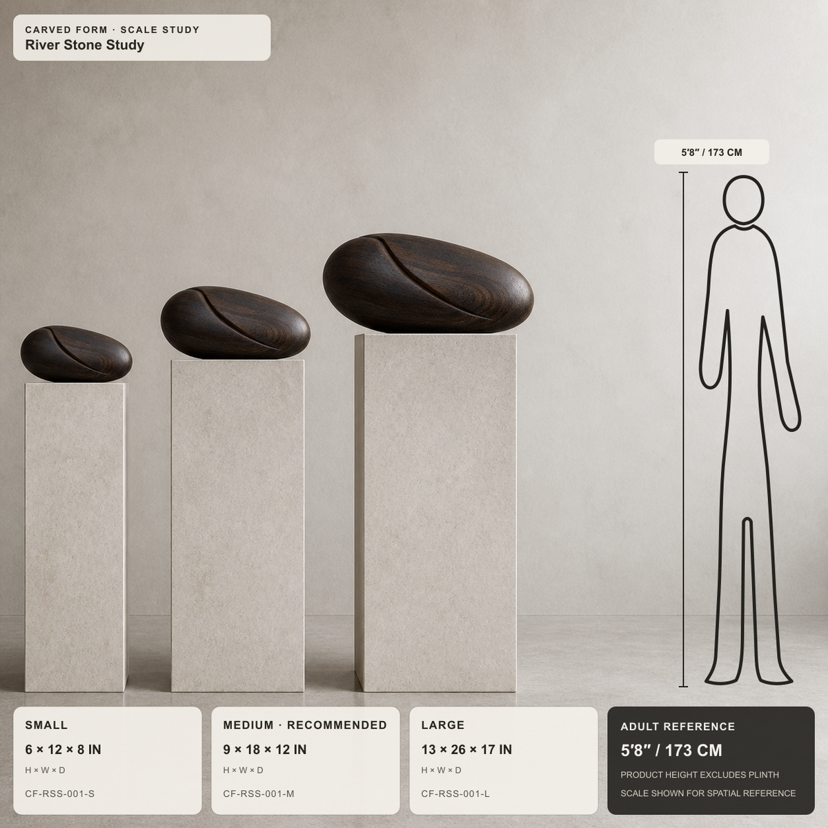 River Stone Study, teak wood tabletop sculpture — size and scale study