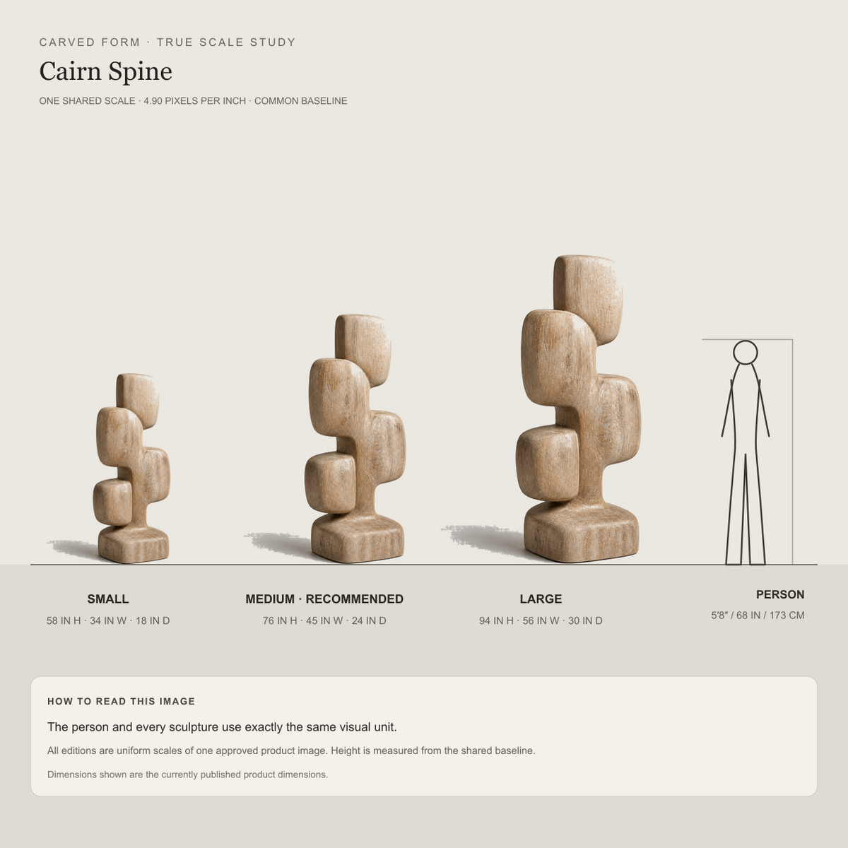Cairn Spine, teak wood floor sculpture — size and scale study