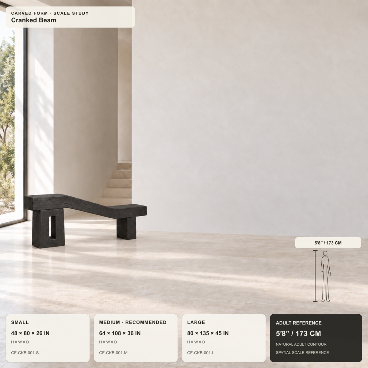Cranked Beam, teak wood floor sculpture — size and scale study