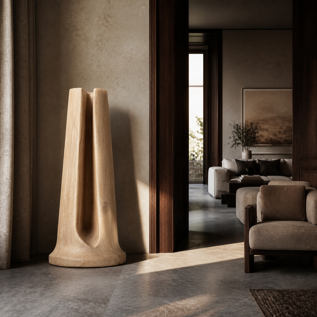Veil Column, teak wood floor sculpture — interior view