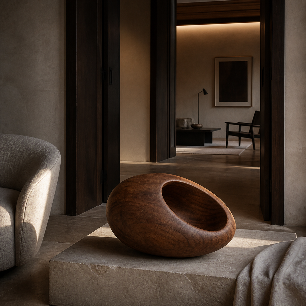 Seed Vessel, teak wood tabletop sculpture — interior view