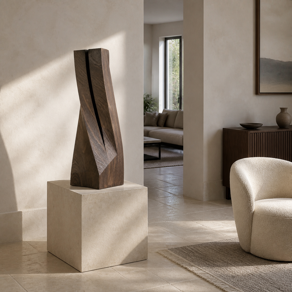 Torque Study, abstract teak wood sculpture — interior view