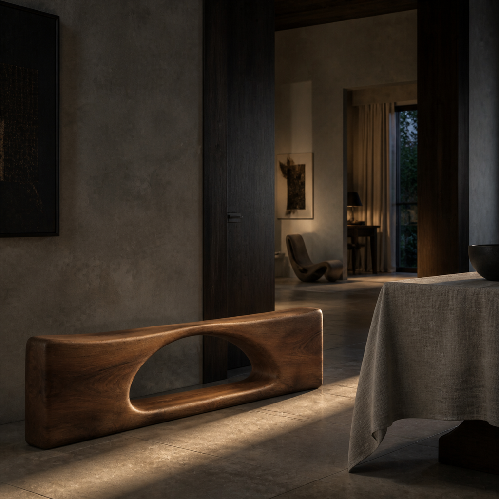 Arc Lintel, teak wood console sculpture — interior view
