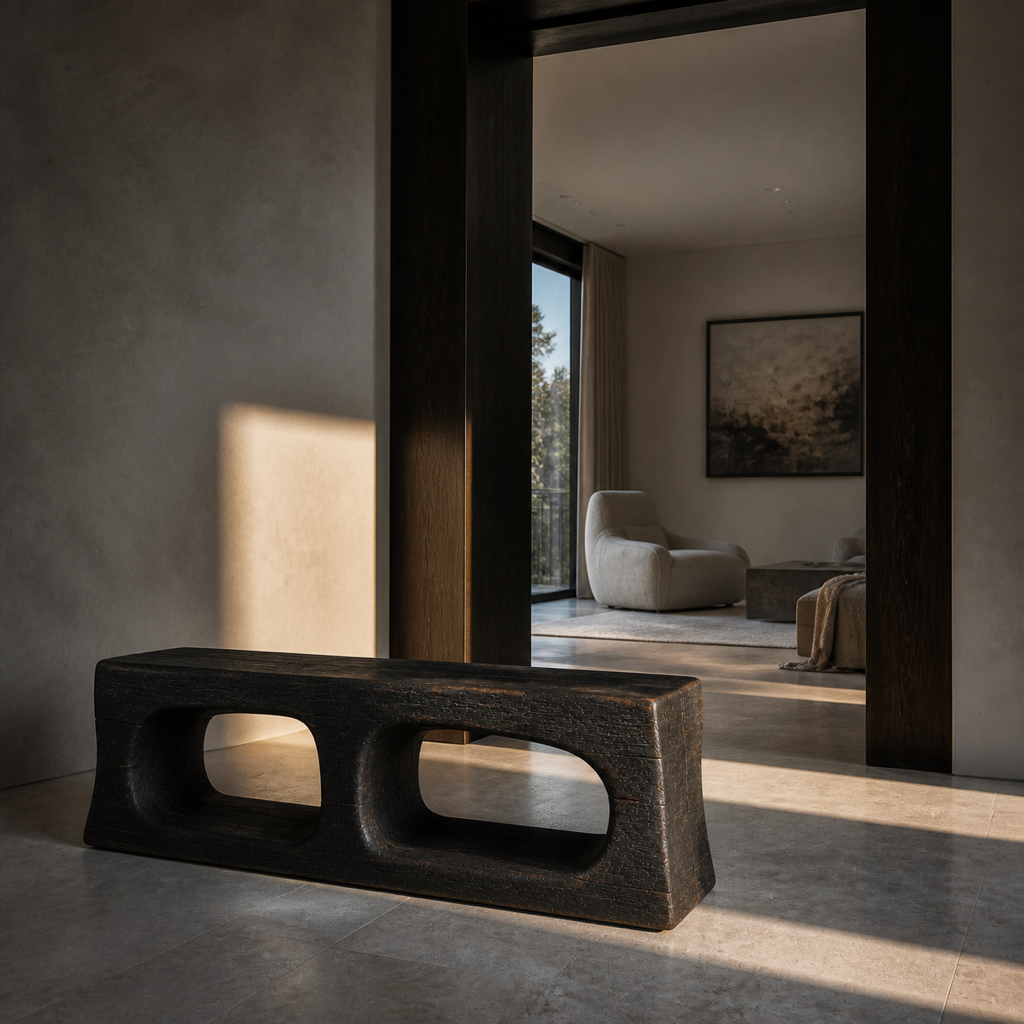 Cinder Span, teak wood console sculpture — interior view