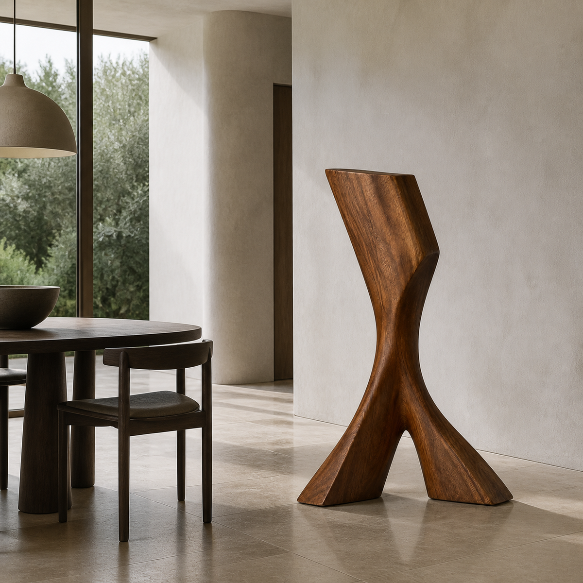 Splayed Axis, teak wood floor sculpture — interior view
