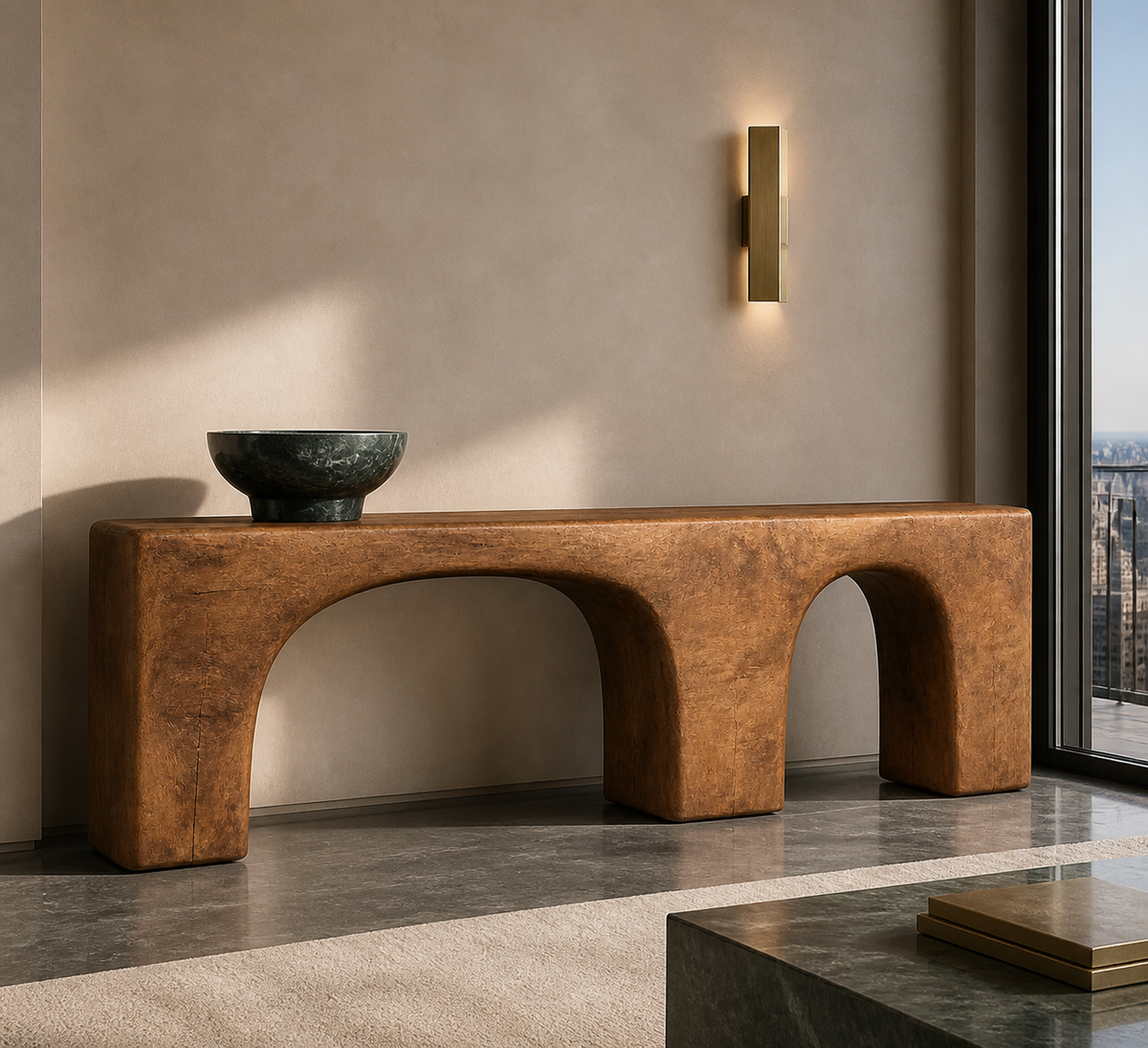 Double Span, teak wood console sculpture — interior view