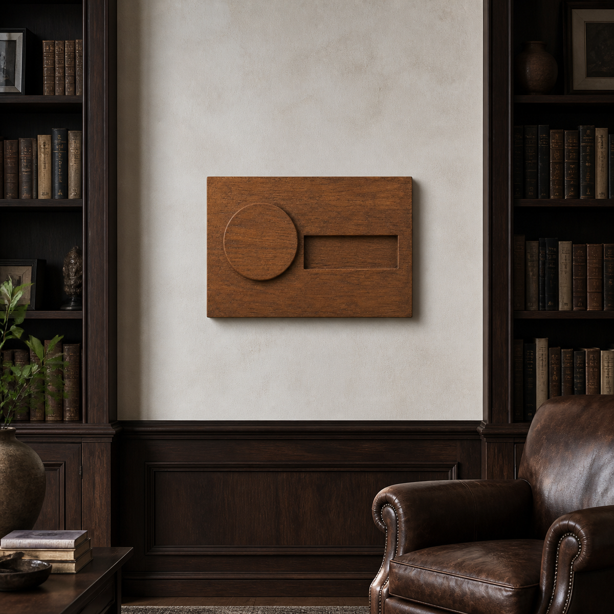 Counterweight Relief, carved teak wood wall art — interior view
