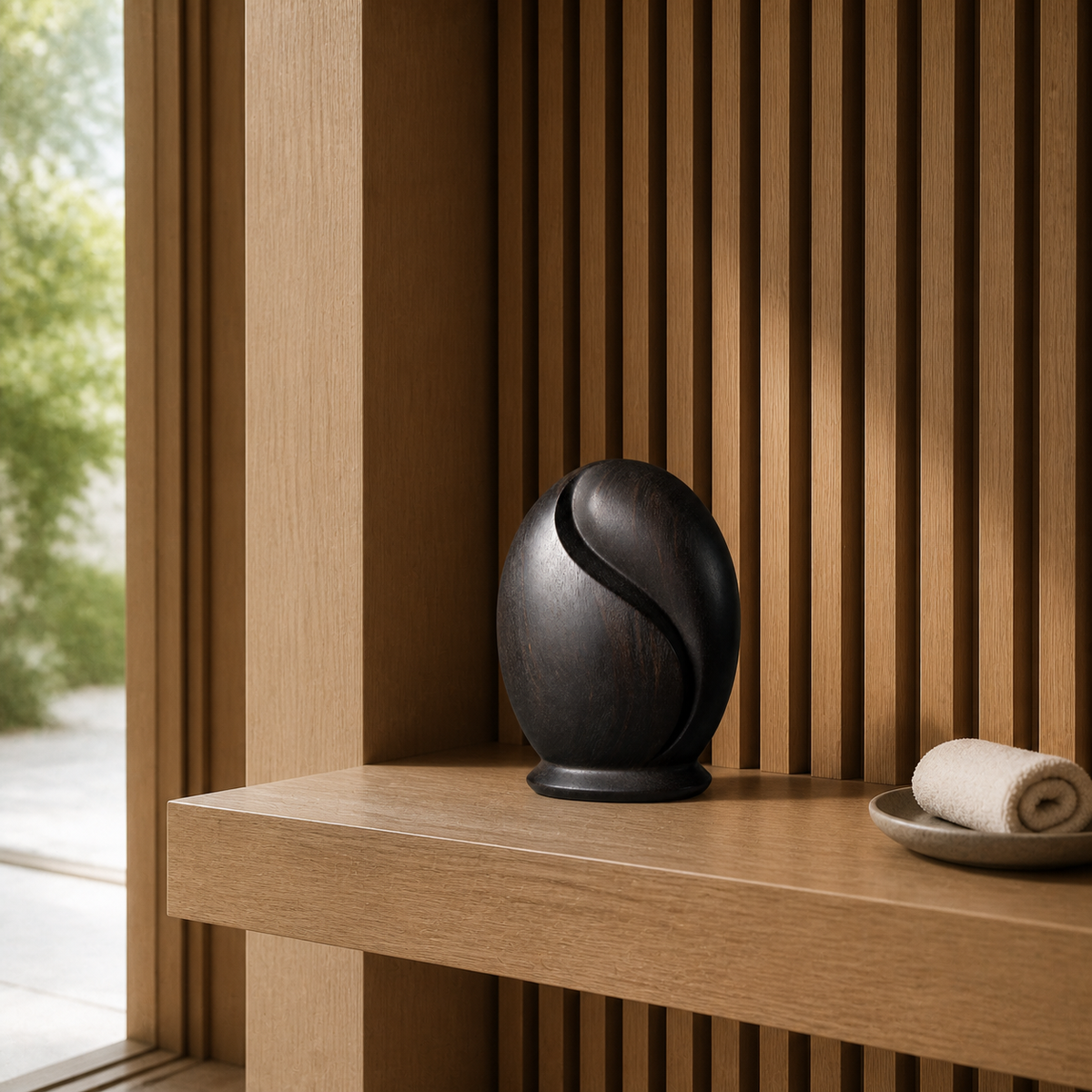 Folded Seed, abstract teak wood sculpture — interior view