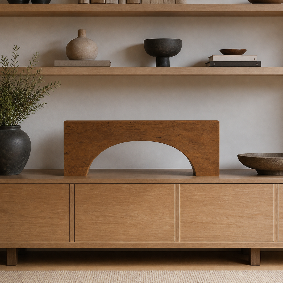 Bridge Trace, teak wood console sculpture — interior view