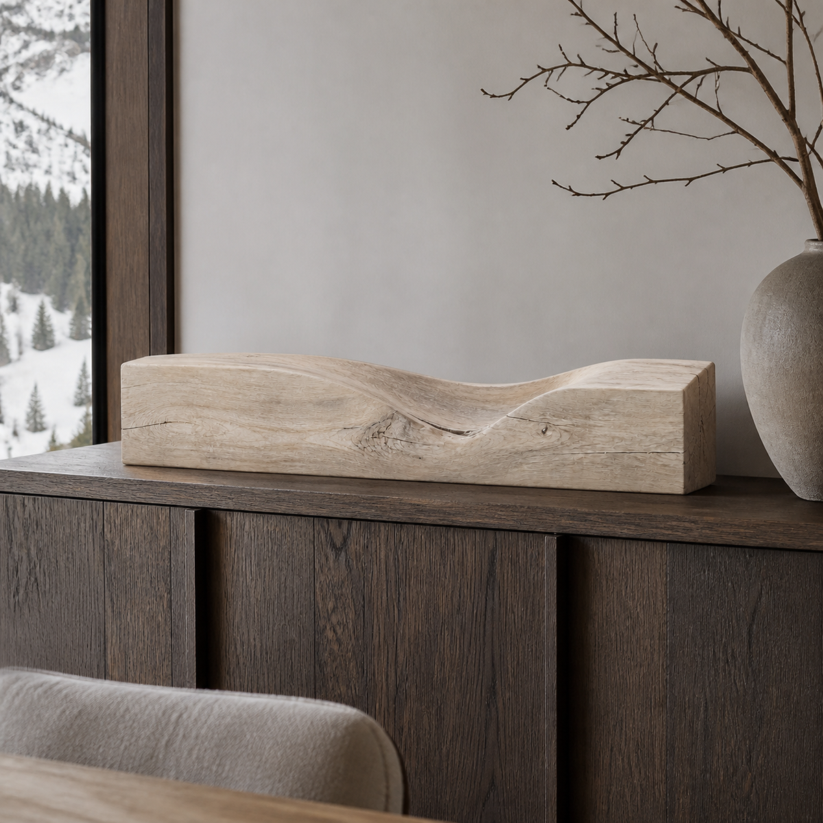 Threshold Beam, teak wood console sculpture — interior view