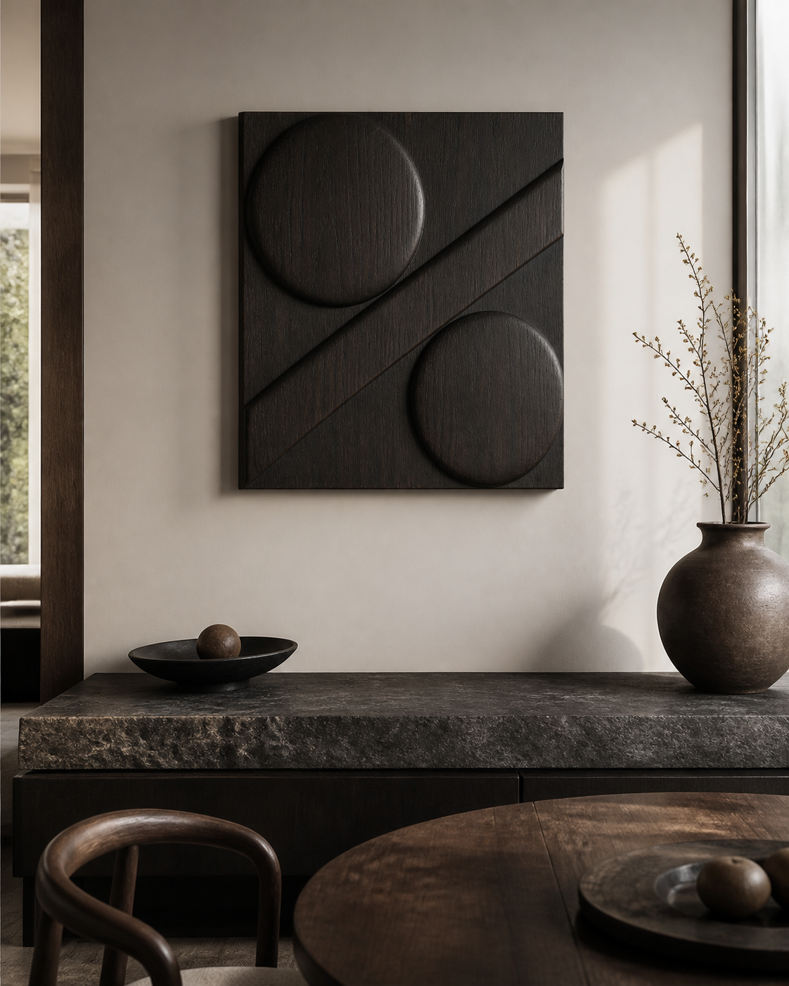 Eclipse Cut Relief, carved teak wood wall art — interior view