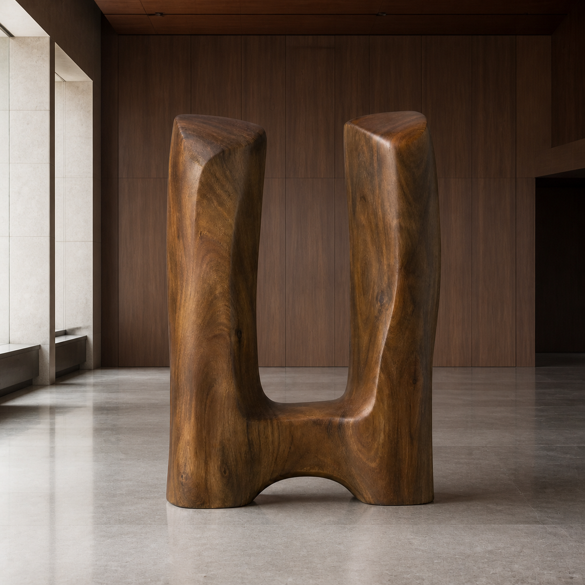 Twin Datum, teak wood floor sculpture — interior view
