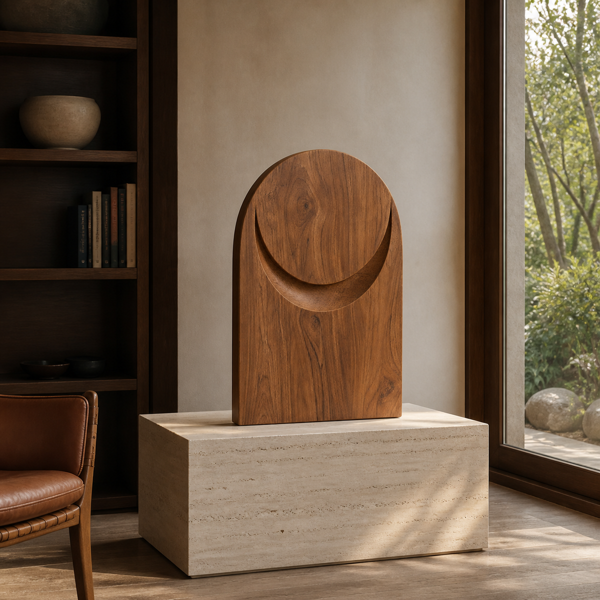 Crescent Plinth, abstract teak wood sculpture — interior view