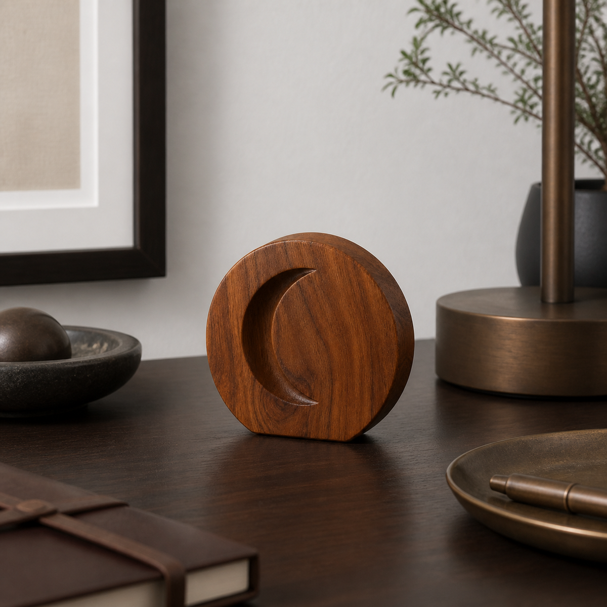 Crescent Token, teak wood tabletop sculpture — interior view