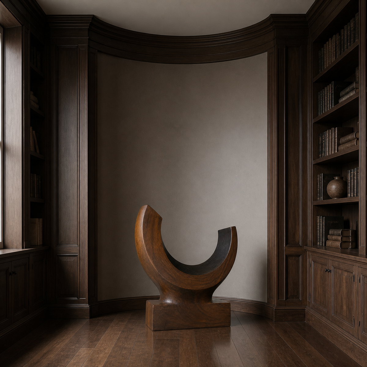 Lunar Yoke, abstract teak wood sculpture — interior view