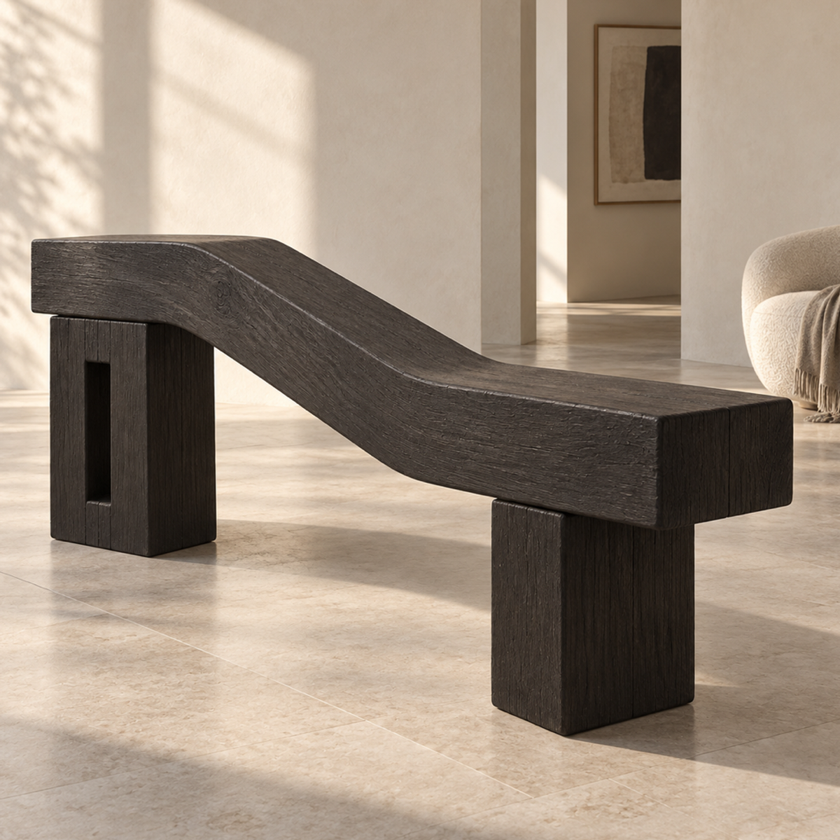 Cranked Beam, teak wood floor sculpture — interior view