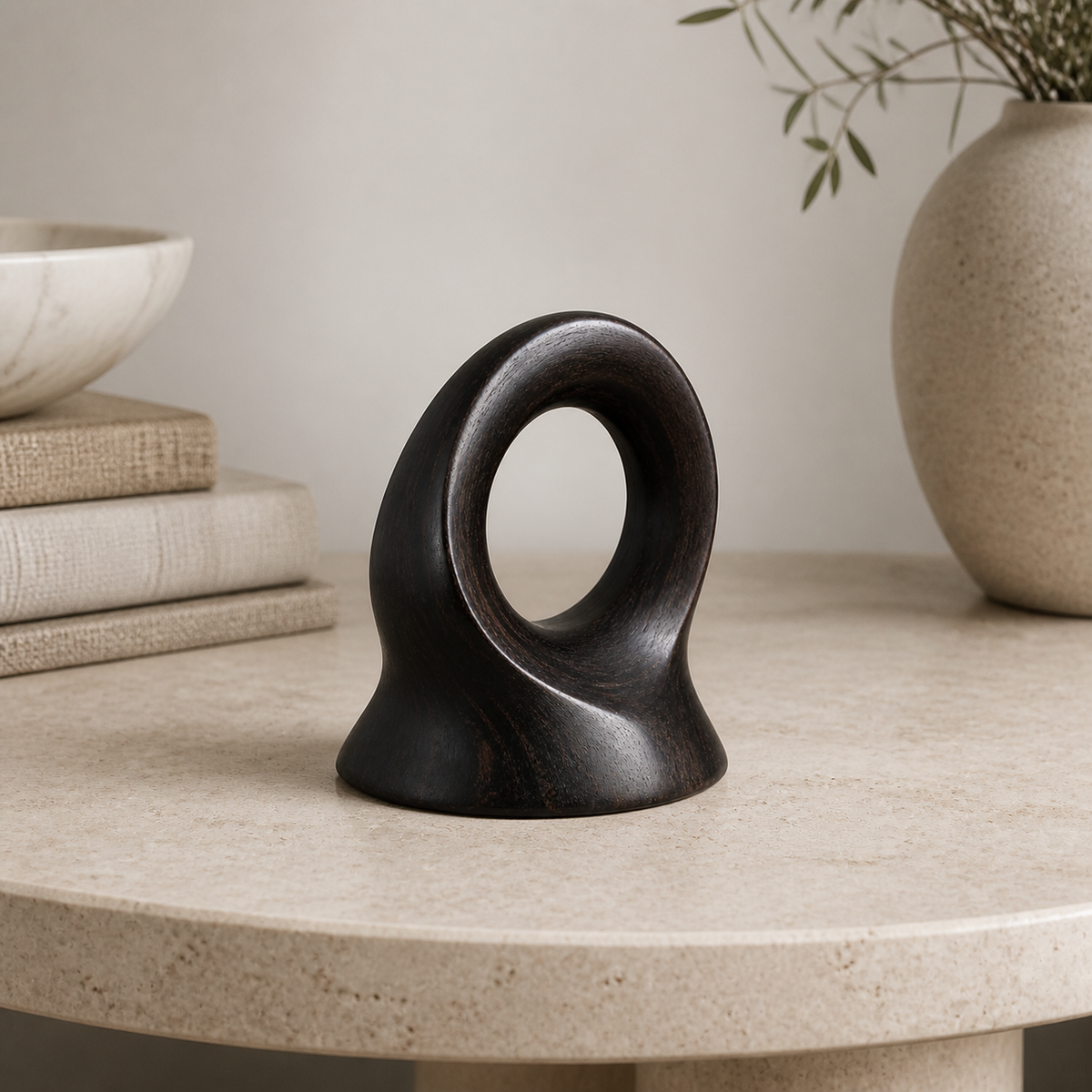 Rooted Loop, teak wood tabletop sculpture — interior view