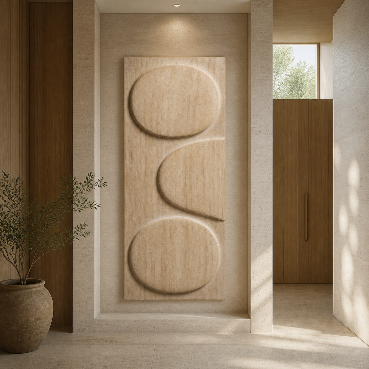 Orbit Stack Relief, carved teak wood wall art — interior view