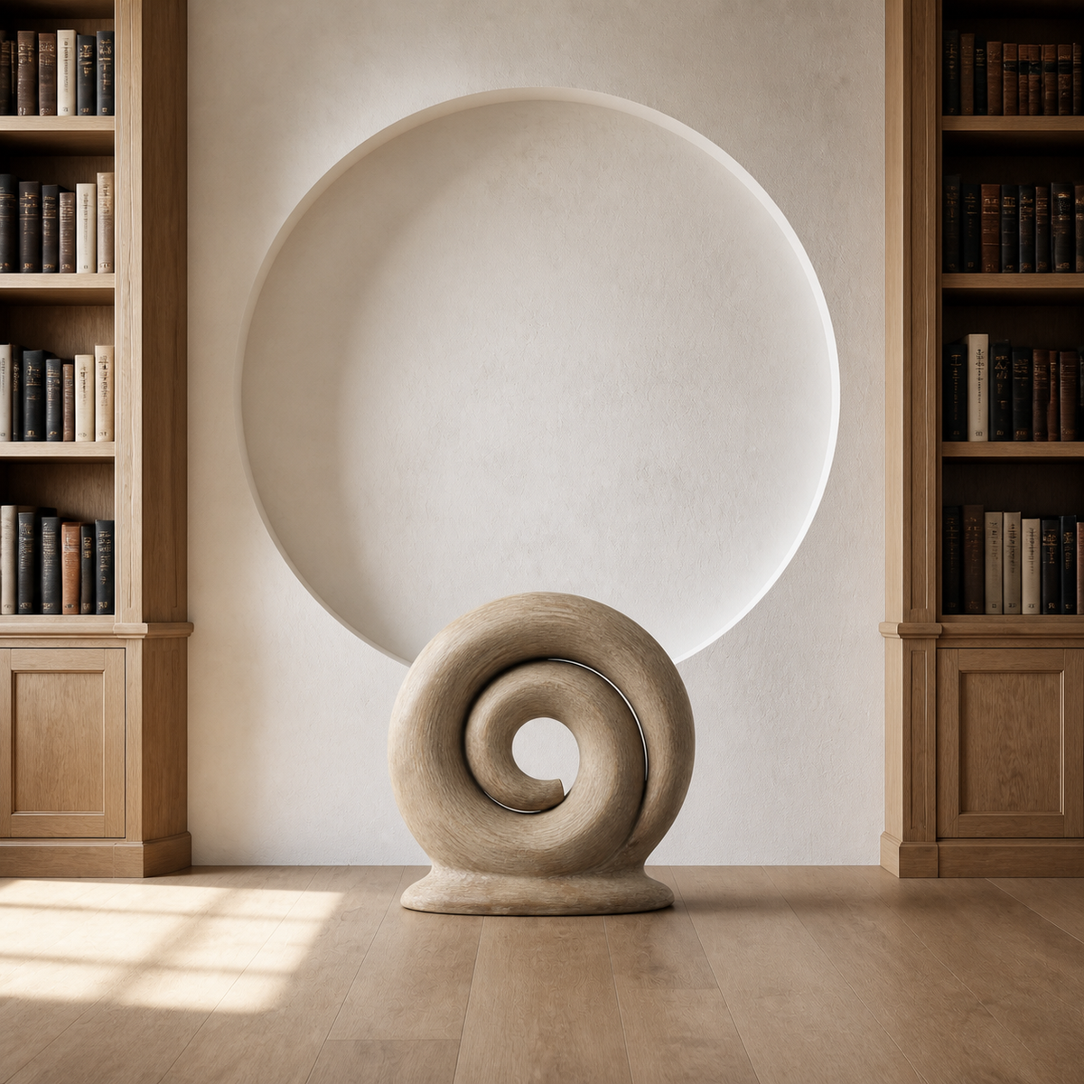 Quiet Coil, abstract teak wood sculpture — interior view