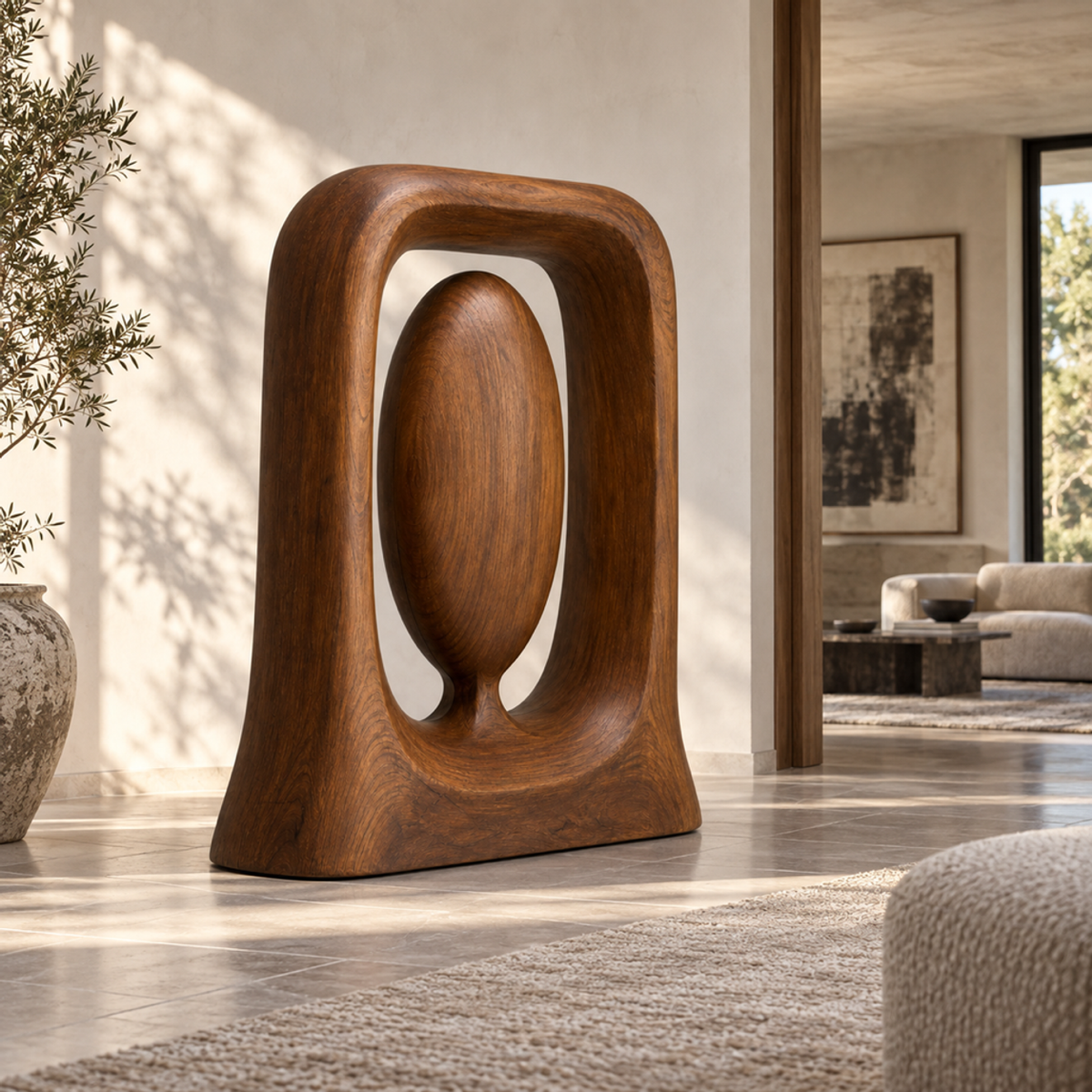 Suspended Core, teak wood floor sculpture — interior view