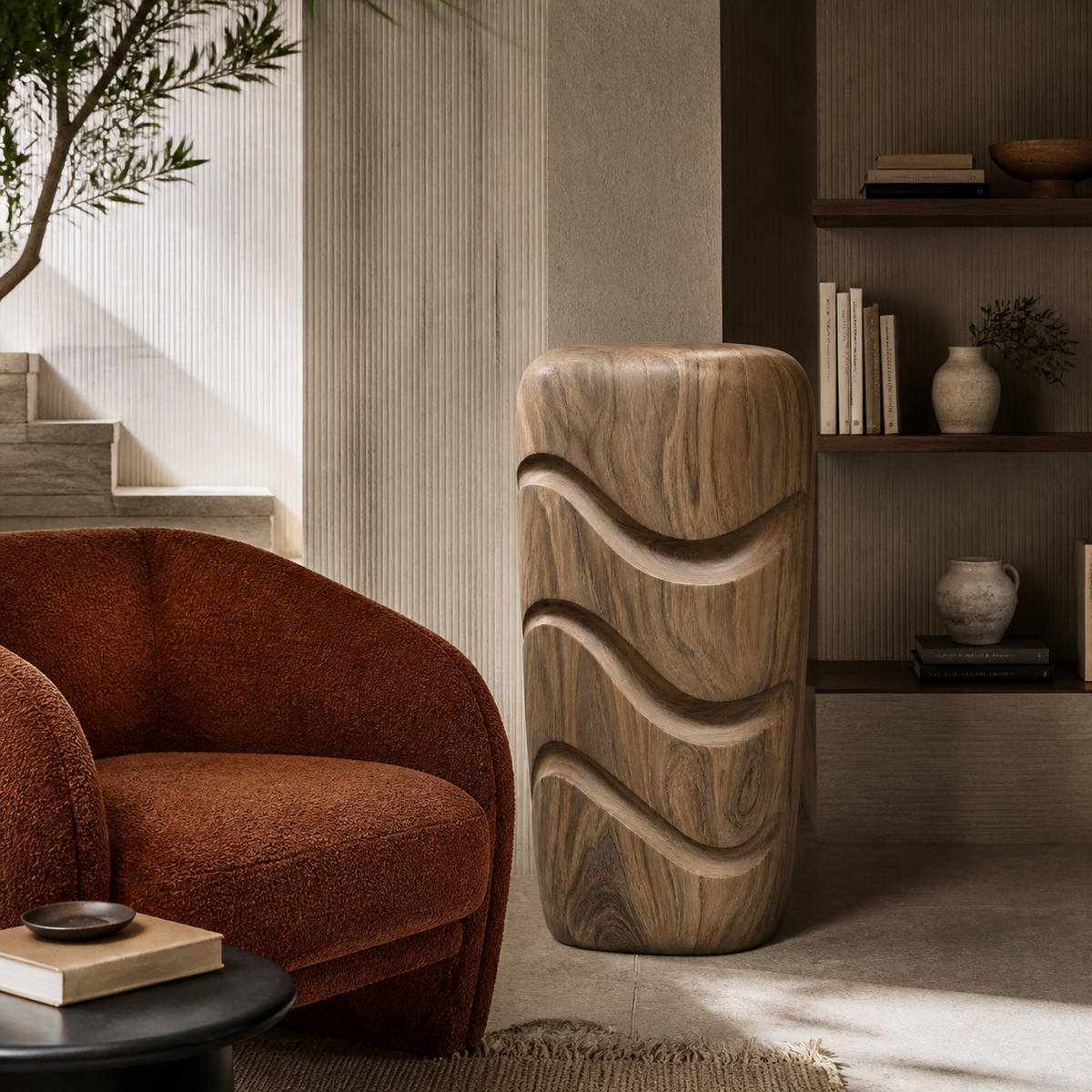Tidal Column, teak wood floor sculpture — interior view