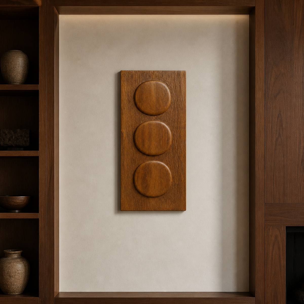 Stacked Halo Relief, carved teak wood wall art — interior view