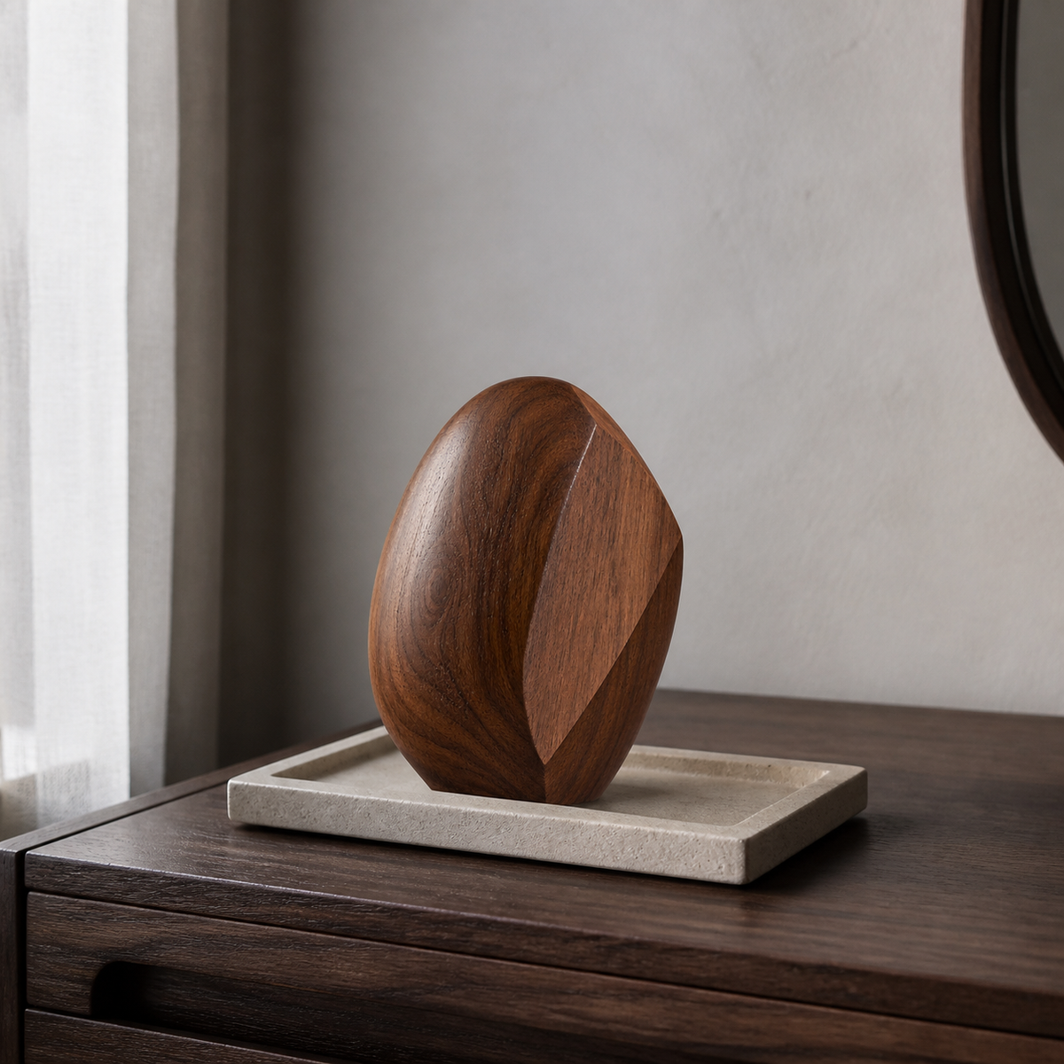 Facet Seed, teak wood tabletop sculpture — interior view