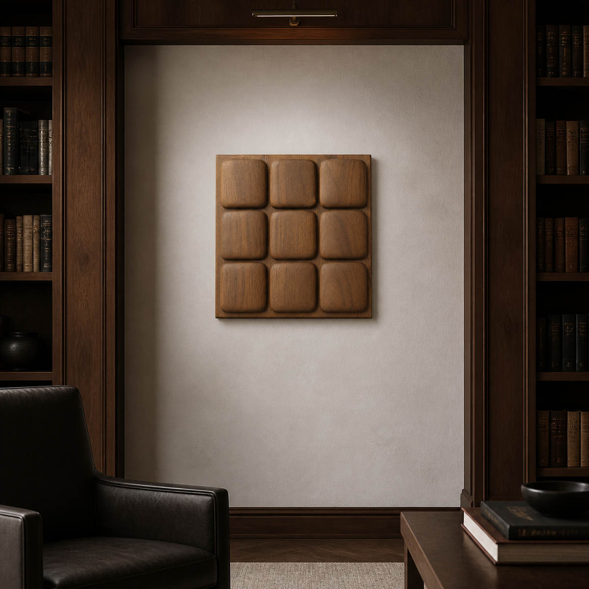 Ancestral Grid Relief, carved teak wood wall art — interior view
