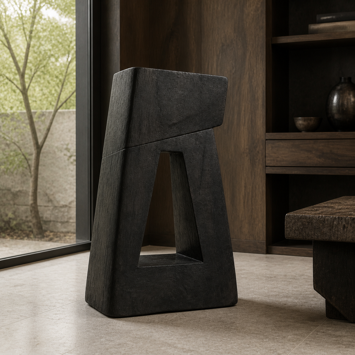 Sheared Portal, teak wood floor sculpture — interior view