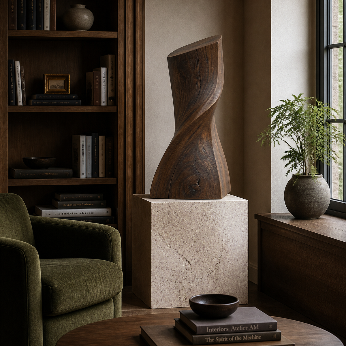 Quiet Torque, abstract teak wood sculpture — interior view